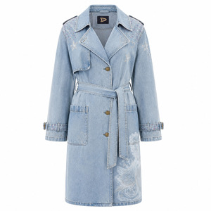 Gabardina vaquera unisex azul pálido con pedrería, abrigo largo con cinturón, chaqueta de moda gótica Y2K estilo streetwear - Product Image 3