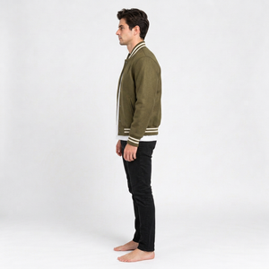 Chaqueta Bomber Varsity de Lana Verde Oliva para Hombre, Cuello Alto, Puños Acanalados, Cierre de Botón, Estilo Deportivo, para Otoño - Product Image 4