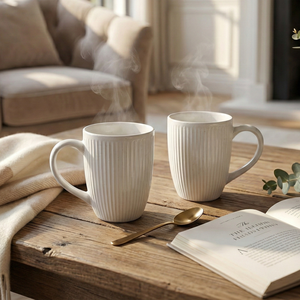 Ensemble de 2 tasses à café en céramique blanches style nordique, compatibles micro-ondes, en grès, avec plateau, capacité 400 ml, motif extérieur - Product Image 4