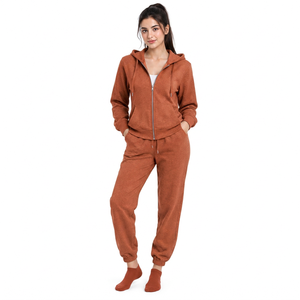 Conjunto de chándal con capucha de tela gruesa lavada al ácido naranja para mujer, sudadera con cremallera y pantalones jogger, atuendo informal - Product Image 3