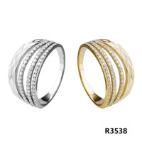Geometric 925 Sterling Silver Zircon Band Ring with Three Clear Round Stone Rows and a Faceted Metal Side