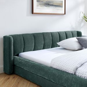 Letto matrimoniale imbottito con testiera in tessuto ciniglia spesso e piattaforma in legno massello - Product Image 4