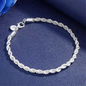 Pulsera de cadena de cuerda de color plateado, diseño retorcido de plata de ley 925 para mujeres y hombres, regalo de boda, joyería, accesorio de moda - Product Image 6