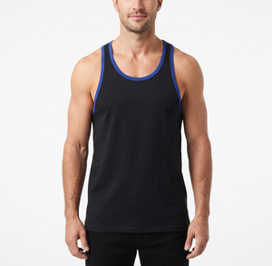 <b>Mens</b> Crew Neck Tank <b>Top</b> Blue Trim O-Neck Sleeveless Solid <b>Muscle</b> Shirt Casual Summer <b>Top</b> Sporty <b>Muscle</b> Shirt - Product Image 1
