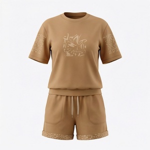 Ensemble de 2 pièces de haute qualité pour femmes, vêtements formels unis au-dessus du genou, t-shirt à manches courtes et short, ensemble assorti - Product Image 1