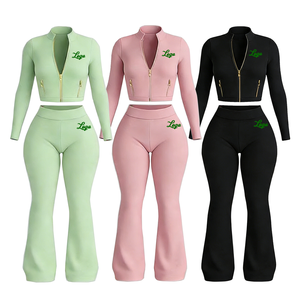 Customized Logo Plus Size <b>Women's</b> Winter Active Wear Tracksuit Set Full Zip <b>Jacket</b> Flared Pants 2-Piece Fleece Lining Breathable - Product Image 3