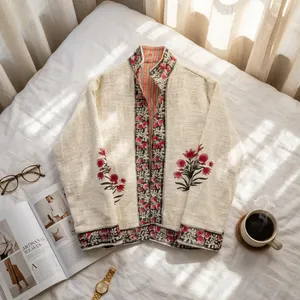 Chaqueta de Lino Blanco con Estampado Artesanal Indio, Cuello Alto, para Mujer, Cárdigan Floral, Blusa de Manga Larga para Primavera - Product Image 6
