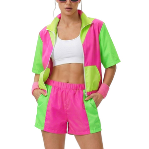 Conjunto Deportivo Corto de Chaqueta y Pantalones Cortos con Bloques de Color para Mujer, Cuello Camisero, Transpirable, Ropa de Verano - Product Image 3