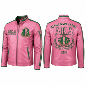 Chaqueta Bomber de Cuero PU Rosa Alpha Kapa Alpha AKA para Hombre, con Logotipo Bordado 1908, Diseño en la Espalda, Estilo Moto, Cierre de Cremallera - Product Image 1