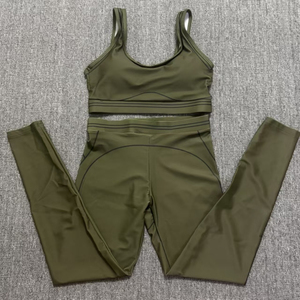 Ensemble de yoga 2 pièces pour femme, rose, avec leggings taille haute et brassière de sport dos nageur, coutures contrastées, sans couture, en Spandex et Polyester, longueur intégrale - Product Image 1