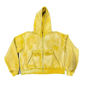 2026 Sweat à capuche zippé oversize pour homme, coupe boxy personnalisée, style streetwear, délavé à l'acide, effet usé, avec motif graphique lettres 3D floquées, poignets et ourlet effilochés - Product Image 2