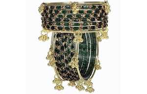 <b>Gold</b>-plated glass Kashmiri <b>bangles</b> with emerald-cut pearl inserts: fashionable jewelry for brides and weddings - Product Image 2