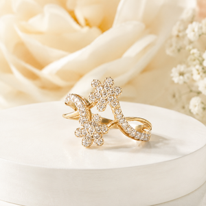 Anillo de Diamantes Floral de Oro de 14K de Lujo con Brillantes Piedras Redondas de Circonia Cúbica, Joyería Elegante para Novias y Fiestas - Product Image 2