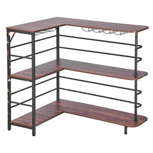 Walnut Finish L-Shaped Wine <b>Bar</b> Cabinet Table 3-Tier Storage Shelves with <b>LED</b> <b>Light</b> and Adjustable Foot Pads for Home <b>Bar</b> Unit - Product Image 1