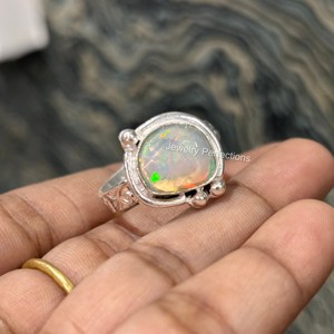 Natural Ethiopian <b>Opal</b> 925 <b>Silver</b> Plated Smallest Stone <b>Ring</b> Bohemian Style Unisex Gift Wholesale Waterproof Jewelry - Product Image 2