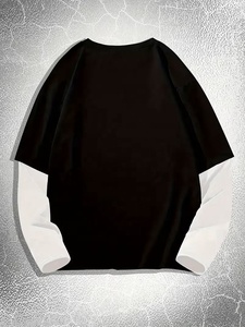 Camiseta de manga larga extragrande para hombre con mangas blancas en contraste y estampado de máscara de gas de riesgo biológico, estilo urbano, cuello redondo, algodón - Product Image 2