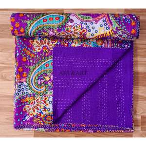 Couvre-lit Kantha indien fait main, 100% coton, imprimé à la main, motif floral, poids du tissu 220g, origine Rajasthan - Product Image 4