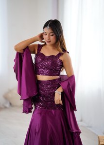 Ensemble Lehenga Choli à paillettes violettes avec dupatta pour femmes, tenue de soirée - Product Image 2