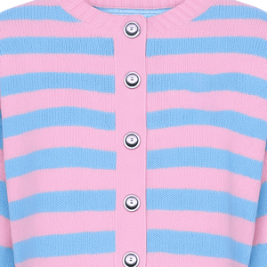 Cardigan en tricot pour femme de qualité supérieure, rose et bleu contrastés, avec logo sur le devant, style décontracté, boutonné, manches longues - Product Image 4