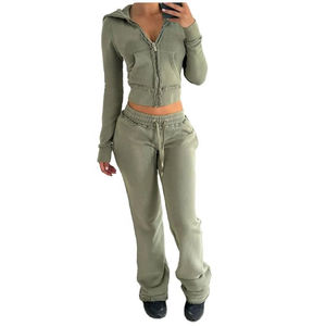 Custom Embroidery Logo Winter Solid Sport <b>Tracksuit</b> 2-Piece Sweatpants and Zip-Up Hoodie Set for Women - Product Image 3