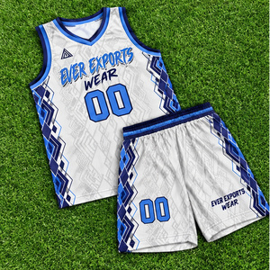 Ensemble Maillot et Short de Basketball Personnalisé, Design Unique, Qualité Supérieure, Motif Géométrique Blanc et Bleu, Vente en Gros, Tenue de Sport pour Équipe - Product Image 1