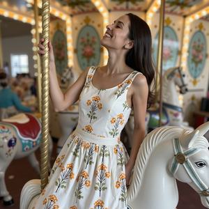 Vestido MIDI artesanal de algodón blanco con ondas de mandala para mujer con escote cuadrado para uso diario - Product Image 4