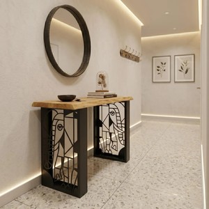 Mesa consola LINEA con superficie metálica y tablero de madera, mesa consola de metal de lujo para sala de estar - Product Image 4