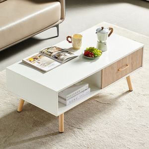 Tavolino da Caffè Moderno Bianco Rettangolare con Gambe in Legno Massello e Cassetto Scorrevole per Soggiorno - Product Image 2