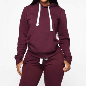 Ensemble de survêtement de maternité pour femme de qualité supérieure, à capuche, manches longues, deux pièces, bordeaux uni, décontracté - Product Image 2
