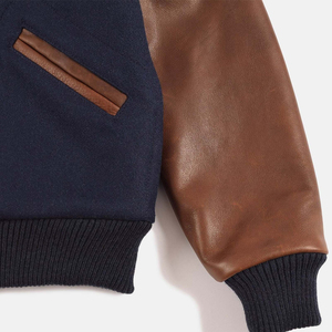 Navy Wool Brown Varsity <b>Jacket</b> <b>for</b> <b>Men</b> Classic Bomber Style Stand Collar Patchwork Outerwear Ribbed Hem Cuffs Zipper Closure - Product Image 3
