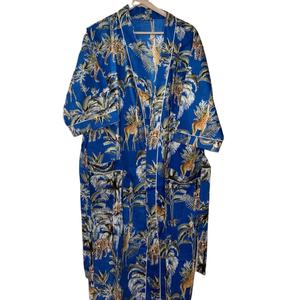Robe kimono en coton à imprimé animal bleu, vêtements de détente bohèmes, robe élégante pour la maison, été, printemps, séchage rapide - Product Image 1