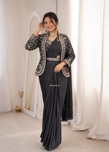 Designer Ready to Wear Saree Set Heavy Satin Saree with Embroidered Blouse Satin Saree with Designer <b>Jacket</b> for <b>Womens</b> at Best - Product Image 2