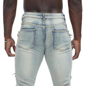 Jean slim déchiré et délavé bleu clair pour homme, taille mi-haute, respirant, style vintage, streetwear décontracté, vente en gros - Product Image 4