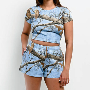 Camiseta Corta Acanalada con Estampado Natural Azul para Mujer, Estilo Casual, Ajuste Delgado, Conjunto Coordinado de Verano, Logotipo Personalizado, OEM, Venta al por Mayor, Camiseta Y2K para Mujer - Product Image 2