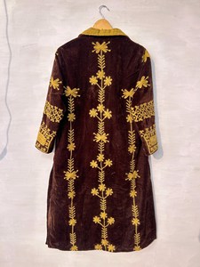 Traditional <b>Velvet</b> Brown Embroidered Suzani Long <b>Jacket</b> With Floral Design Boho Turn-down Collar Full Sleeve Winter Outerwear - Product Image 5