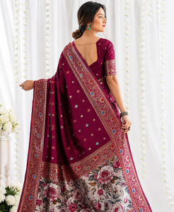 Sari de Seda con Estampado Digital Morado y Borde Floral para Mujer, Ropa de Boda Tradicional India, Protección Solar para Todas las Estaciones - Product Image 3