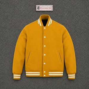 Chaqueta Varsity Premium de Lana Dorada para Hombre, Chaqueta de Béisbol Personalizada con Letras, Cuello, Puños y Dobladillo Acanalados con Rayas Blancas, Clásica - Product Image 5