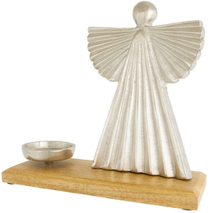 Heavenly Angel Metal Christmas Votive Candle Holder 10 Inch Height <b>Silver</b> With Mango Wood Base - Product Image 6