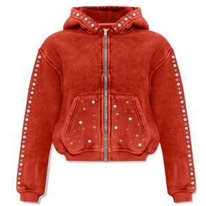 Sweat à capuche zippé unisexe effet délavé avec strass soleil céleste, gris et rouge vintage 2026, coupe oversize, style streetwear Y2K, haut scintillant - Product Image 5