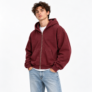 Sweat-shirt à capuche zippé en molleton de coton épais avec fermeture éclair métallique, coupe ample, logo brodé, pour homme - Product Image 2