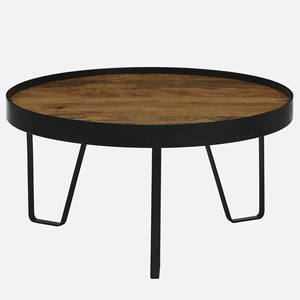 Table basse ronde en bois de manguier massif avec plateau en métal, style industriel rustique, finition noire et naturelle. - Product Image 2