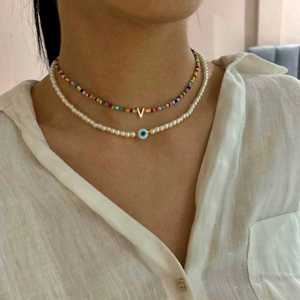 สร้อยคอเม็ดลูกปัดสีชมพูนีออนสีเขียวแบบซ้อนชั้นสำหรับผู้หญิง สร้อยคอแบบโชคเกอร์สำหรับฤดูร้อน ชายหาด เครื่องประดับลำลองสำหรับวันหยุด สร้อยคอแบบโซ่ - Product Image 2