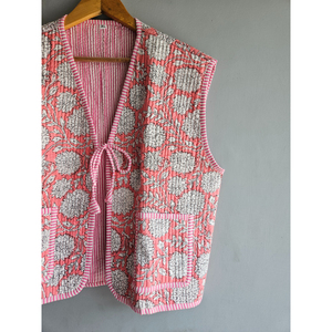 Women's Handmade <b>Floral</b> Quilted Cotton <b>Waistcoat</b> Open Front V-neck Short Jacket Streetwear Outerwear gift for her - Product Image 3