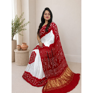 <b>Red</b> White Bandhani Silk <b>Saree</b> Traditional Indian Classical Fancy <b>Saree</b> For Womens - Product Image 1