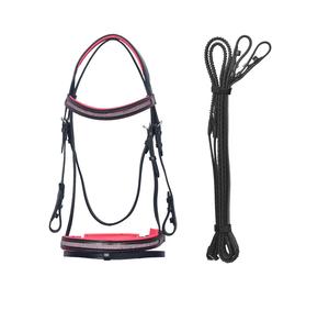 Ensemble de bridon en cuir noir de qualité supérieure avec frontal et rênes en cristal rose – Équipement équestre réglable - Product Image 1