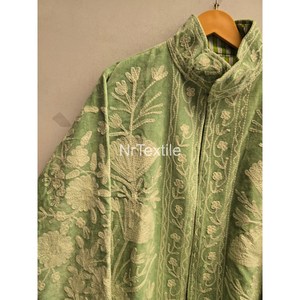 Blazer vert à col mandarin, manches longues, motif floral brodé à la main, veste en coton pour femme, saison printemps - Product Image 5