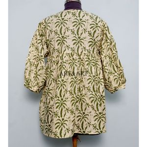 Haut pour femme 100% Coton tricoté à la main, style vintage, imprimé, respirant, écologique, décontracté, pour le bureau, l'été, le printemps et l'hiver, avec manches 3/4 bouffantes - Product Image 6