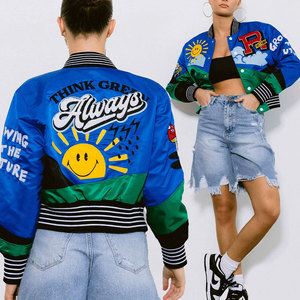 Varsity <b>Jacket</b> <b>Women</b> Cartoon Print Blue Green Patch Design Turn-down Collar Full Sleeve Short Length <b>Spring</b> Wear - Product Image 2