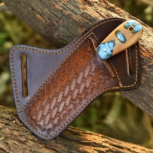 Cuchillo de corte de acero Nordic Forge Rasp Steel Cowboy Bull Cutter con mango de madera de olivo y turquesa - Funda de cuero Pancake - Cuchillo EDC OEM - Product Image 3