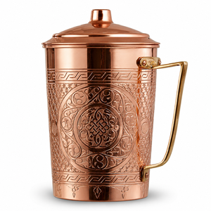 Carafe à eau en cuivre pur avec couvercle, faite à la main, gravée, style ayurvédique, carafe décorative en cuivre pour la maison, la cuisine, l'hôtel - Product Image 1